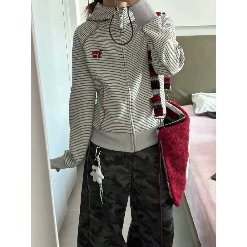 Women's Early Autumn Short Jacket with Waist-Cinching Design, Hassu Striped Sports Hooded Cardigan, Spring and Autumn Casual Couple's Sweatshirt for Women