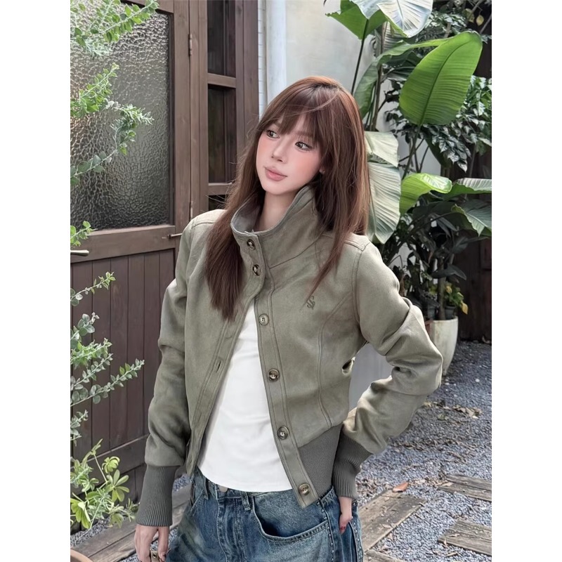 American-Style Stand-Up Collar Suede Jacket for Women, Autumn 2025 New Style, Loose Design, Slim Fit, Short Jacket Top