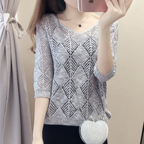 2020 spring and summer clothes New sweater pullover round neck hollow hollow seven-point sleeve slip back top female loose thin blouse