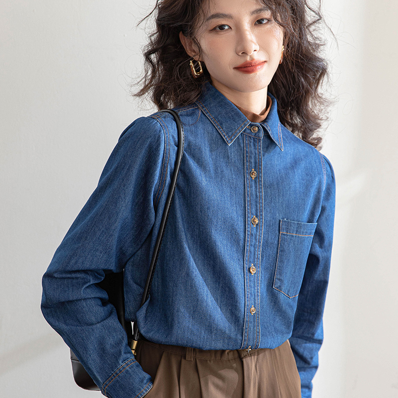 DEEP BLUE RETRO PORT WIND POSITIVE SHOULDER DENIM SHIRT WOMAN INNER LAP STACK WEARING 2023 NEW AUTUMN AND WINTER SMALL SUB SOFT BLOUSES-TAOBAO