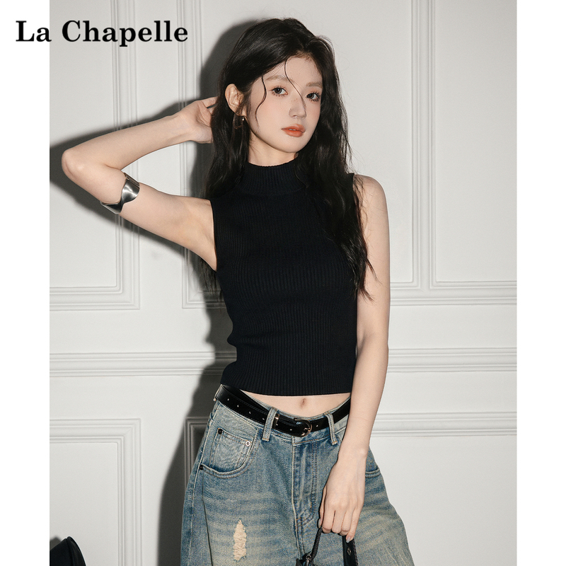 La Chapelle French-Style Black Half-High Collar Camisole for Women, 2026 Summer New Slim-Fit Off-Shoulder Sleeveless Top