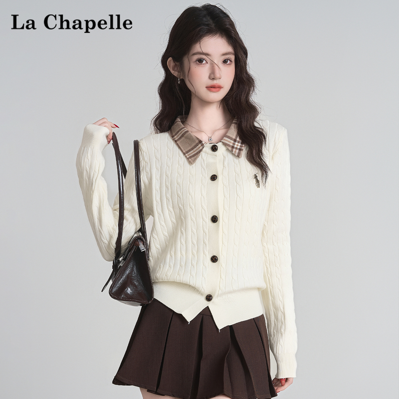 La Chapelle Preppy Style Patchwork Lapel Base Shirt with Cable Knit Sweater Long-Sleeve Knit Cardigan Top
