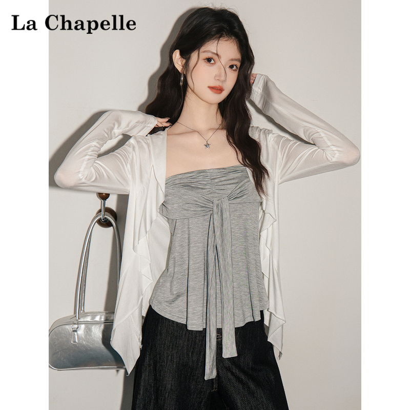 La Chapelle Gray Design-Inspired Sleeveless Tube Top for Women, Summer Ruffled Thin Semi-Sheer Long-Sleeve Sun Protection Cardigan La Chapelle Gray Design-Inspired Sleeveless Tube Top for Women, Summer Ruffled Thin Semi-Sheer Long-Sleeve Sun Protection Cardigan