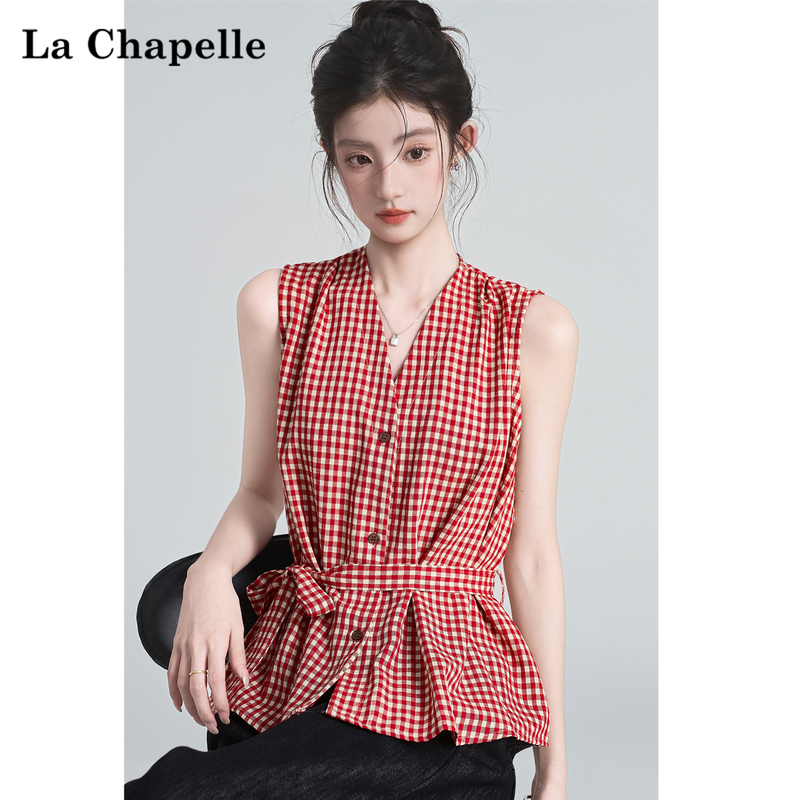 La Chapelle Waist-Cinching Tie Bow Vest Shirt for Women, New Summer V-Neck Red Plaid Sleeveless Top