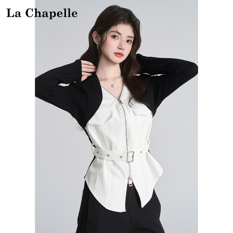 La Chapelle American-Style Spicy Girl Fake Two-Piece Color-Block Long-Sleeve Top for Women, New Spring and Autumn Design with Zipper Thin Shirt La Chapelle American-Style Spicy Girl Fake Two-Piece Color-Block Long-Sleeve Top for Women, New Spring and Autumn Design with Zipper Thin Shirt