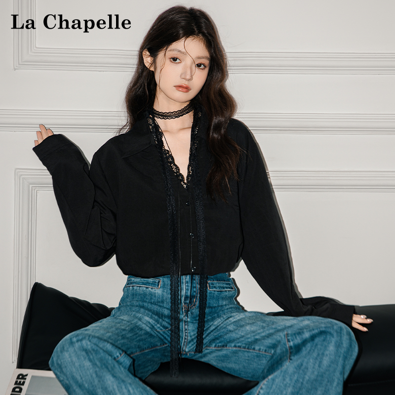 La Chapelle V-Neck Lace Design Long-Sleeve Shirt for Women 2025 Spring and Autumn New Black Elegant Cardigan Shirt