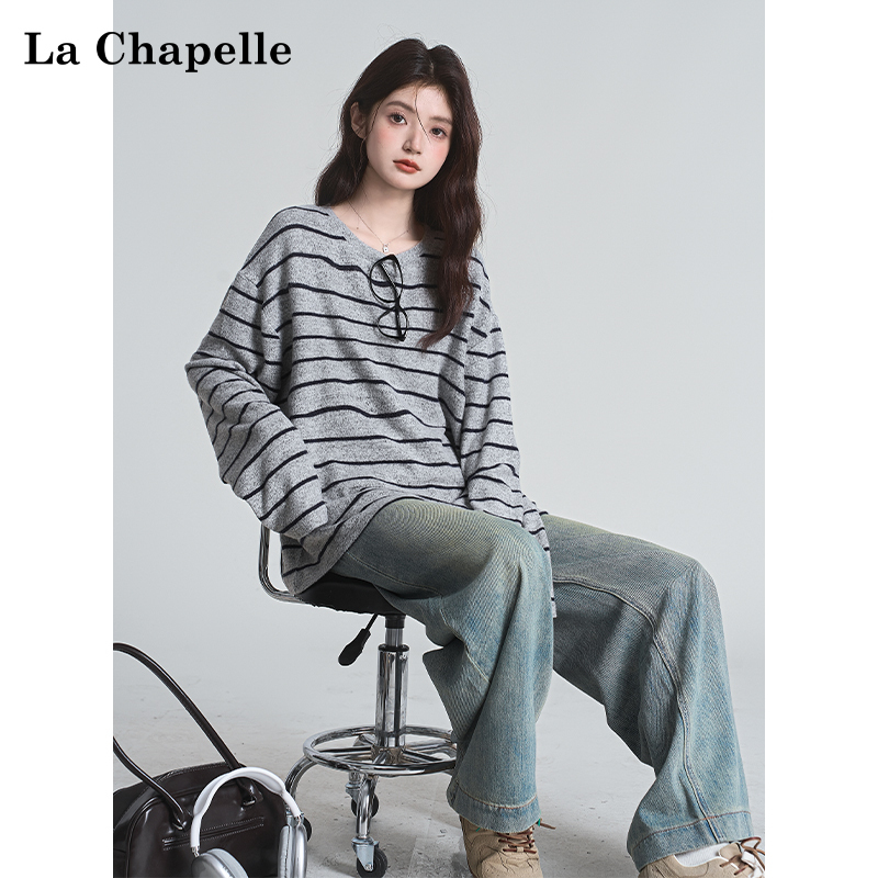 La Chapelle Retro Striped Round Neck Long-Sleeve T-Shirt for Women 2026 Spring and Autumn New Loose Inner Layering Top