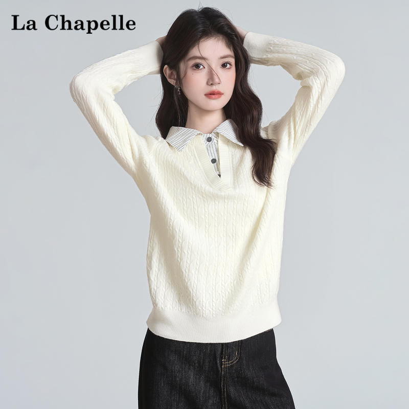 La Chapelle Apricot Striped Shirt Collar Fake Two-Piece Cable Knit Sweater for Women, New Autumn Soft and Thin Top La Chapelle Apricot Striped Shirt Collar Fake Two-Piece Cable Knit Sweater for Women, New Autumn Soft and Thin Top
