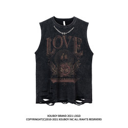 ins street retro old letter print with necklace washed sports sweat vest men's hip-hop niche sleeveless t-shirt