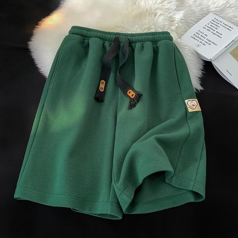 Waffle Shorts Men's Summer American Retro Heavyweight Trendy Brand Sports Quarter-Length Pants Casual Loose Green Mid-Length Pants