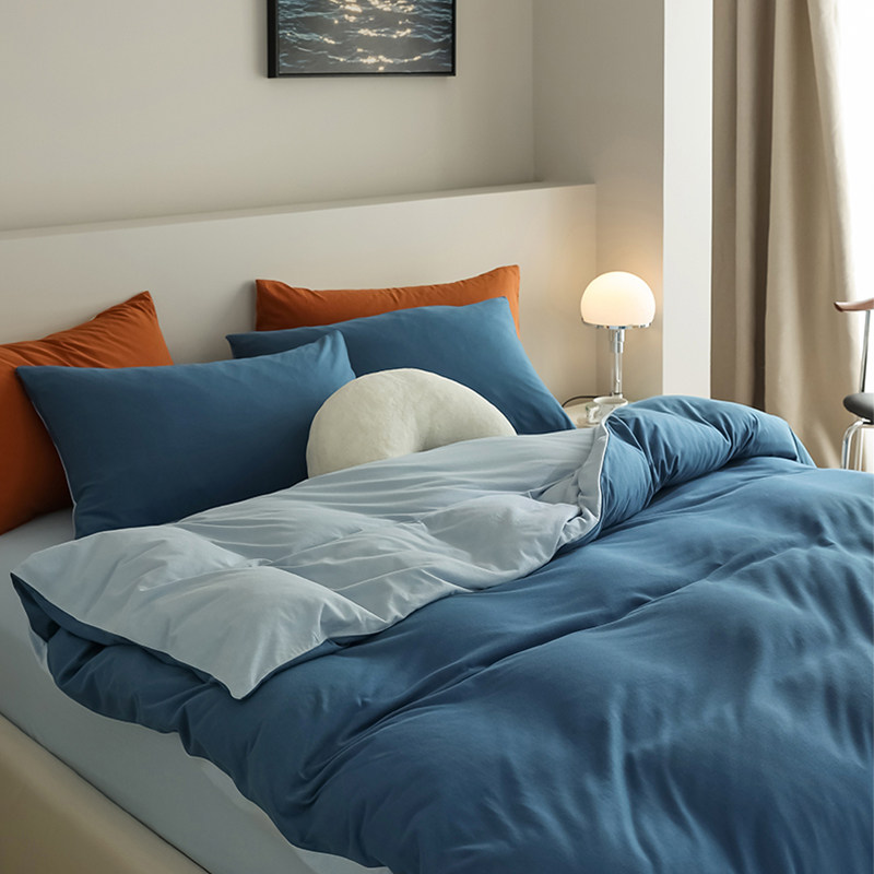 Advanced ultra soft full cotton knit cotton four sets foggy blue minimalist pure color double parquet naked sleeping pure cotton sky cotton bed product