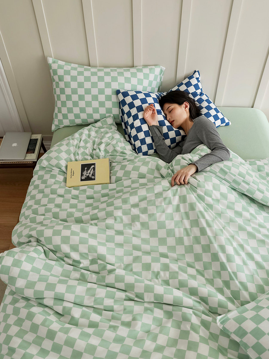 Retro Chessboard Lattice Small Crowdsourced knitted cotton four pieces of pure cotton full cotton ultra soft nude sleep trendy bed products