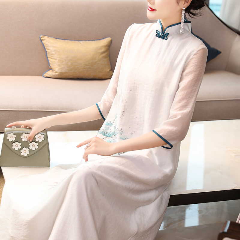 China Wind Retro Elegant Women's Clothing Improved Hanfu Qipao Dress & Art Superfairy Hand-painted Zen of Tea Conserve Women Summer