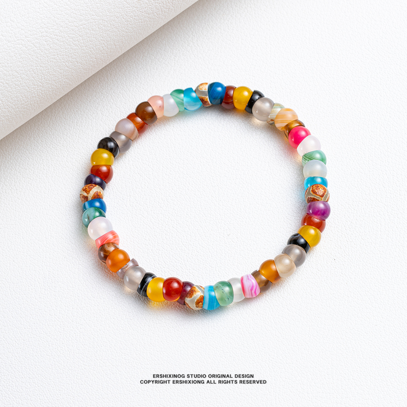 Collectible Natural Multi-Colored Agate Bracelet with Unique Characteristics, Featuring All Types of Agate Beads, 6mm