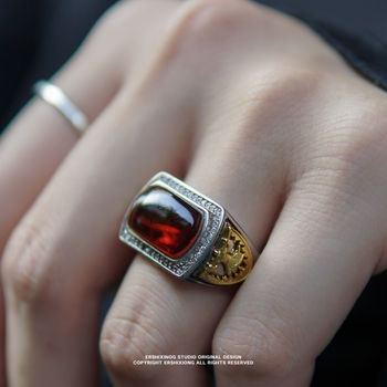 Unique luxury burmese blood amber saddle ring in the clouds