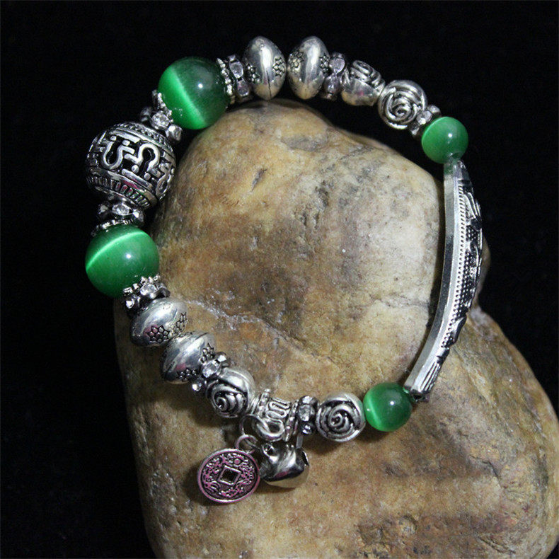 Tibetan silver Miao silver jewelry Retro ethnic style original bracelet Female diy handmade ethnic colored stone bracelet