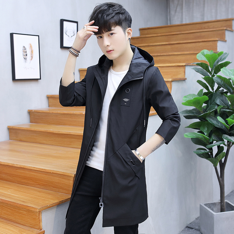 Mùa xuân và mùa thu nam áo gió áo khoác Hàn Quốc phiên bản của các sinh viên xu hướng áo khoác trùm đầu thiếu niên người đàn ông áo gió mô hình trung dài
