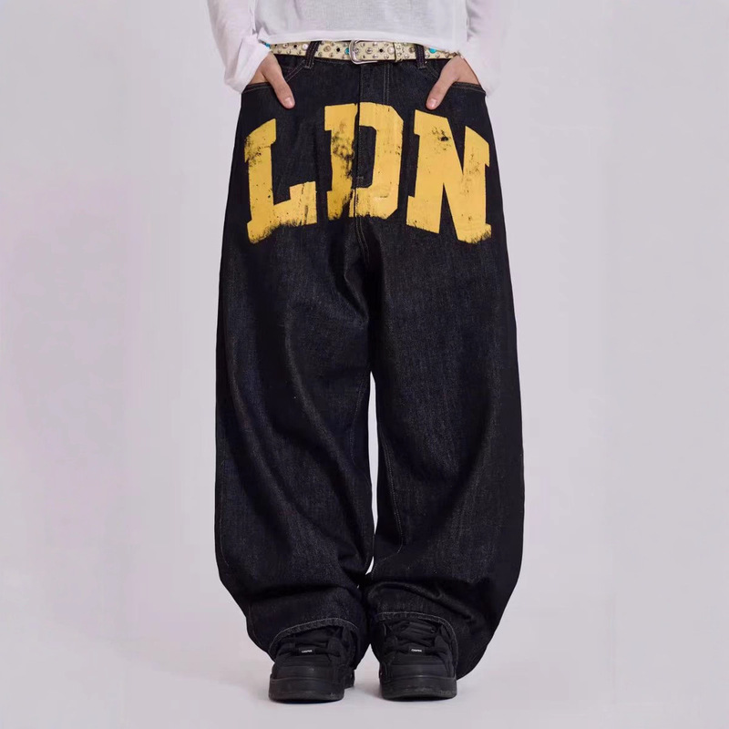 Jaded London Ldn Letter Loose Wide-Leg Dark Denim Casual Jeans