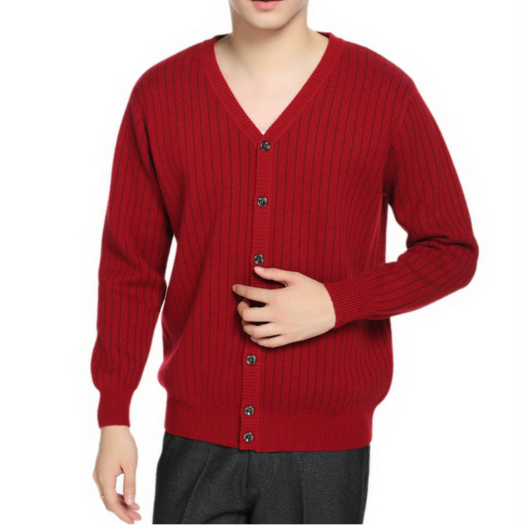 Dongsheng mùa thu đông nam mới áo len cashmere trung niên nam sọc dọc cổ chữ V dày len cardigan để giữ ấm.