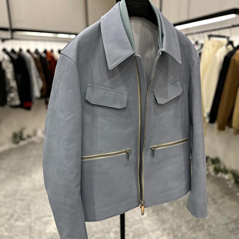Equestrian Style Genuine Leather Calfskin Leather Jacket for Men, Classic Lapel Short Jacket with Crisp Texture 5239