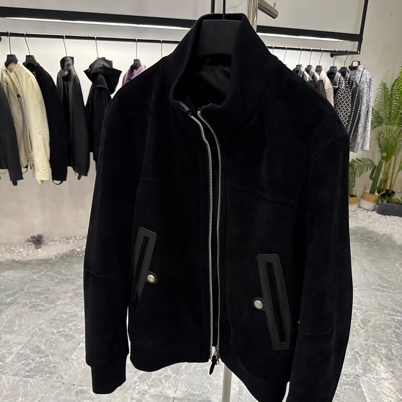Tf Haute Couture Short Stand Collar Bomber Leather Jacket Men's Suede Sheepskin Coat 5298