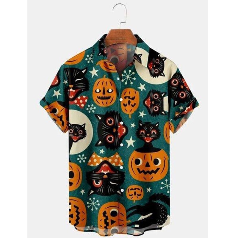 2026 New 3D Short-Sleeved Shirt Halloween Print Floral Loose Party Men's European and American Trend