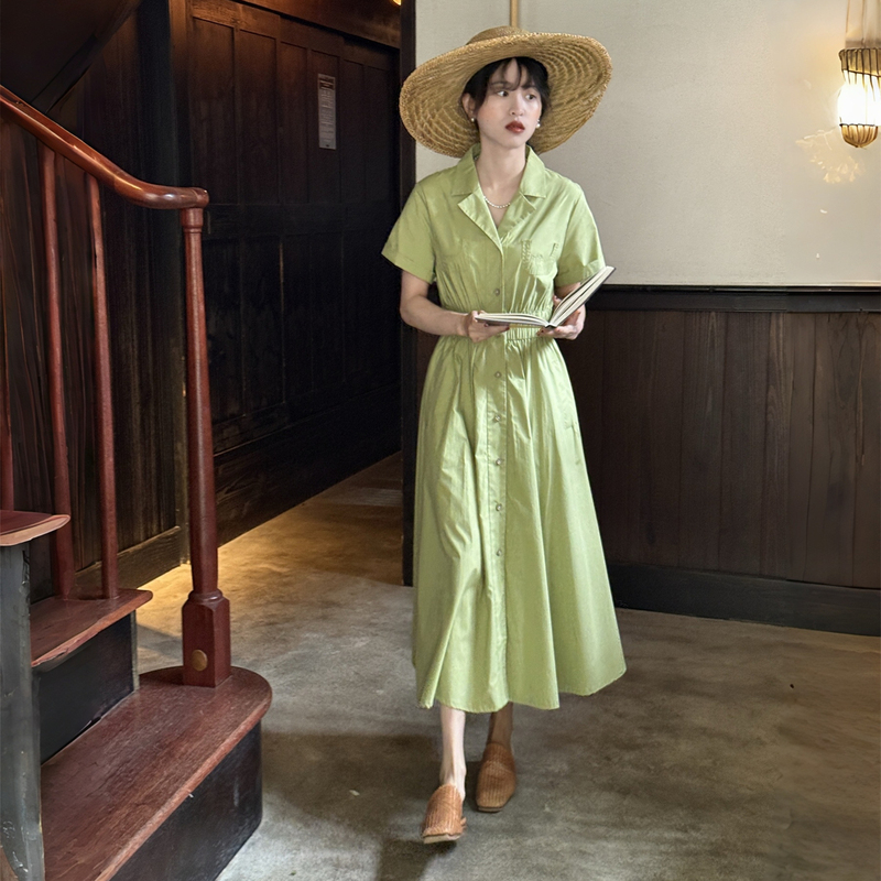 Fortunately, the Flavor of Green Grape Is Reflected in This Petite 150cm French-Style Shirt-Collar Papaya Green Dress, Hepburn-Style Waist-Cinching First Love Dress