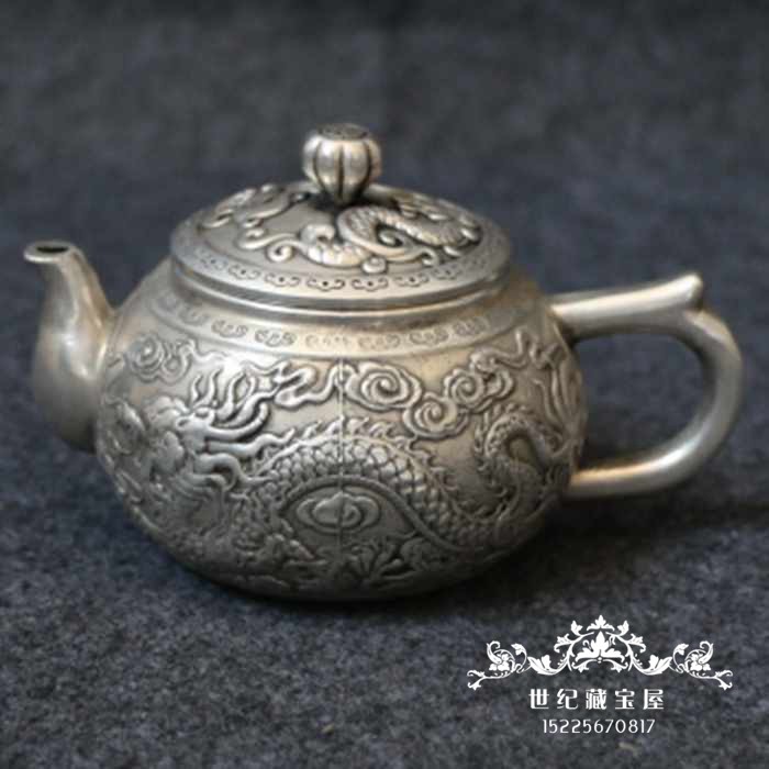 Boutique Ancient Play Antique Pure Bronze Reliefs Dragon Tattoo Teapot Old Objects Imitation Antique White Brass silver Longfeng Bronze Pot Pendulum