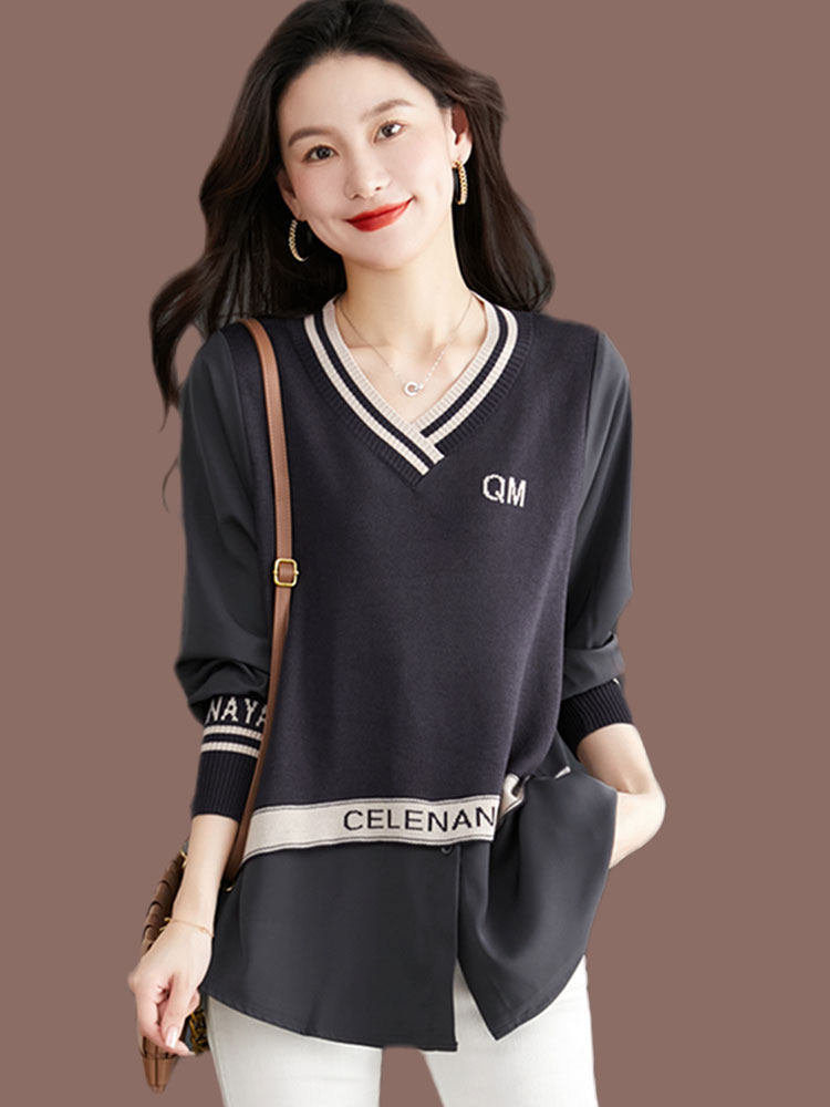 Hengyuanxiang stitching fake two-piece V-neck chiffon sweater women's 2022 spring and autumn loose lazy style letter top