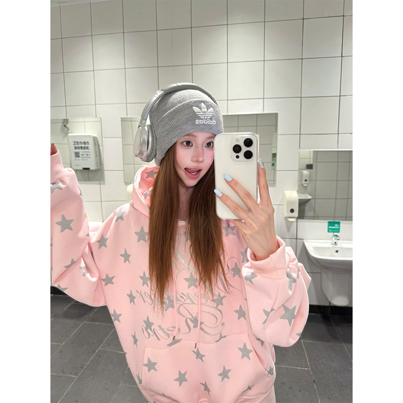 Ounng Star-Printed Hooded Sweatshirt for Women, Spring Zip-Up Cardigan, Slimming Casual ins Pink Top