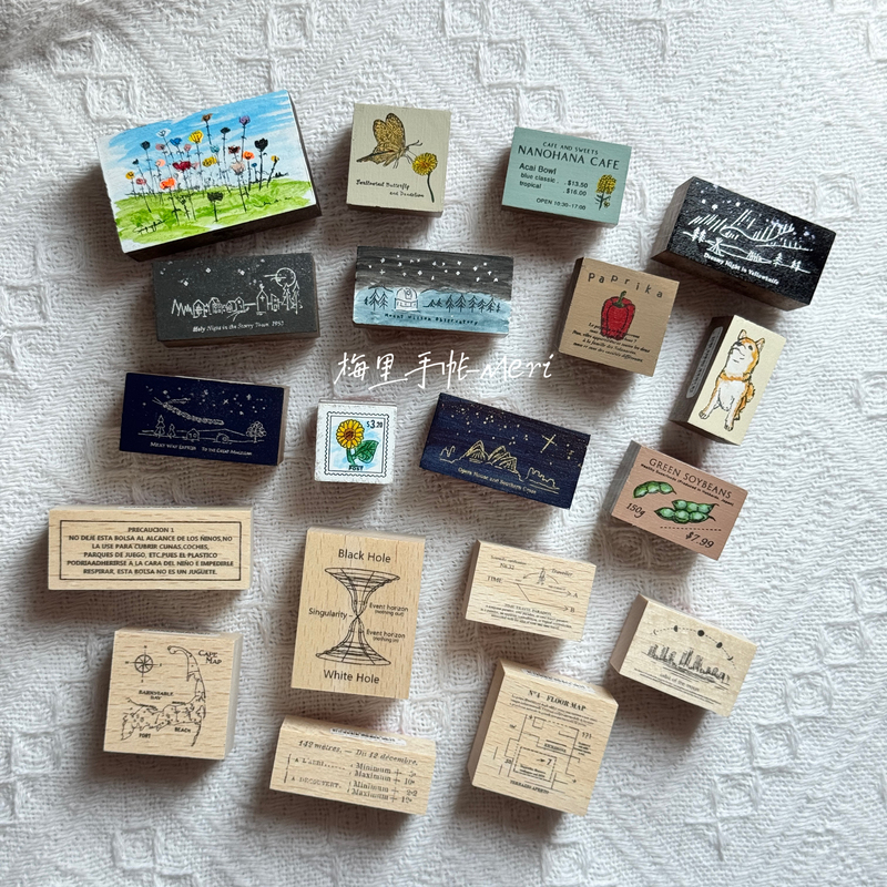[in Stock] Japanese Wood Natural Scenery Colorful Wooden Stamps Journaling Supplies
