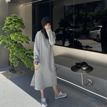 Micro-Ann Surprise Broadshoulder Polo Skirt Easy long sleeves T-shirt Skirt Splicing Collar Open Fork Dress