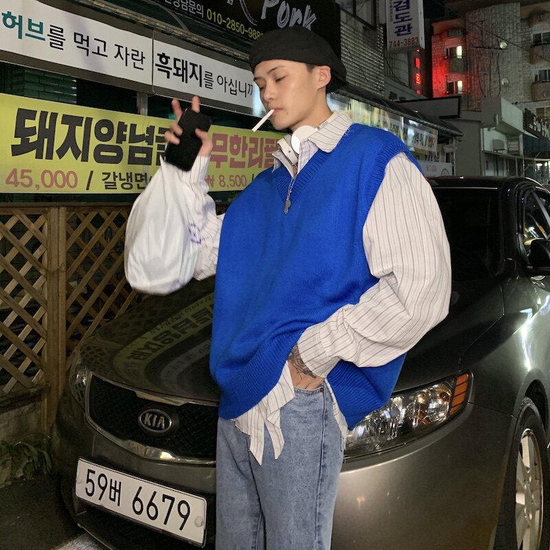 cuibuju 20AW Korean double - deck V - collar sleeveless vest autumn and winter loose sweater pure colored vest of men and women