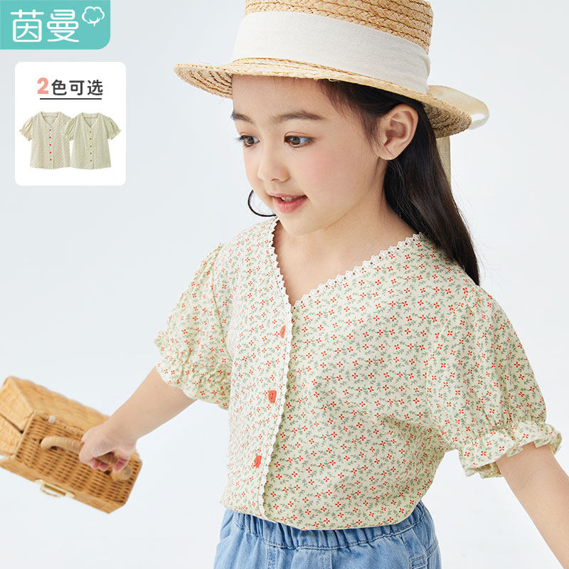 Inman children's clothing girls' floral shirts 2022 summer new children's shirts Western style literary retro cotton tops