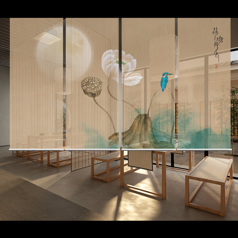 Modern Chinese roller curtain hanging curtain Soft partition Hand-drawn lifting printing semi-transparent roller curtain