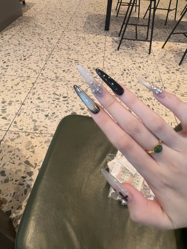 Purely Handmade Wearable Nails with Dark Gothic Style, Metallic Cross, Rhinestone Sparkle, Cat Eye Design, and Detachable Nail Pieces