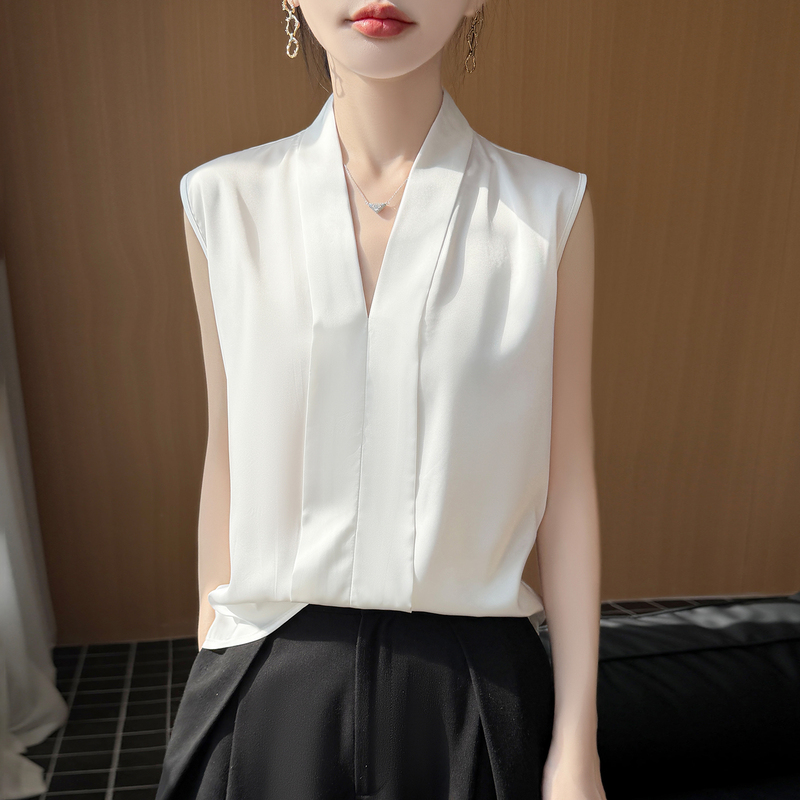 Suit with Satin Blouse Inside, Women's White Sleeveless Top, Ol Professional Workwear, Versatile and Stylish Vest Shirt