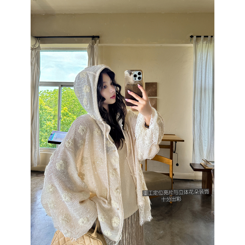 Heavy-Duty Sequin Three-Dimensional Flower Fairy-Like Eyelash Lace Hooded Lace Cardigan for Women, Autumn Annie Forest Style Heavy-Duty Sequin Three-Dimensional Flower Fairy-Like Eyelash Lace Hooded Lace Cardigan for Women, Autumn Annie Forest Style