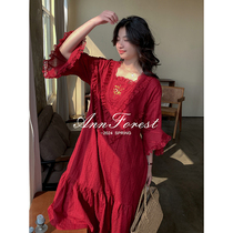 Tsuen cotton elegant French style embroidered lace stitch red dress Anne forest spring new display white big code long dress