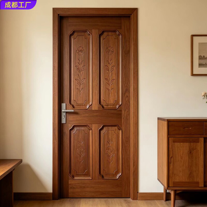 New Chinese-Style Solid Wood Door, Indoor Door, Retro Carved Bedroom Door, Natural Wood Silent Door, Custom-Made, Eco-Friendly, Odor-Free Paint