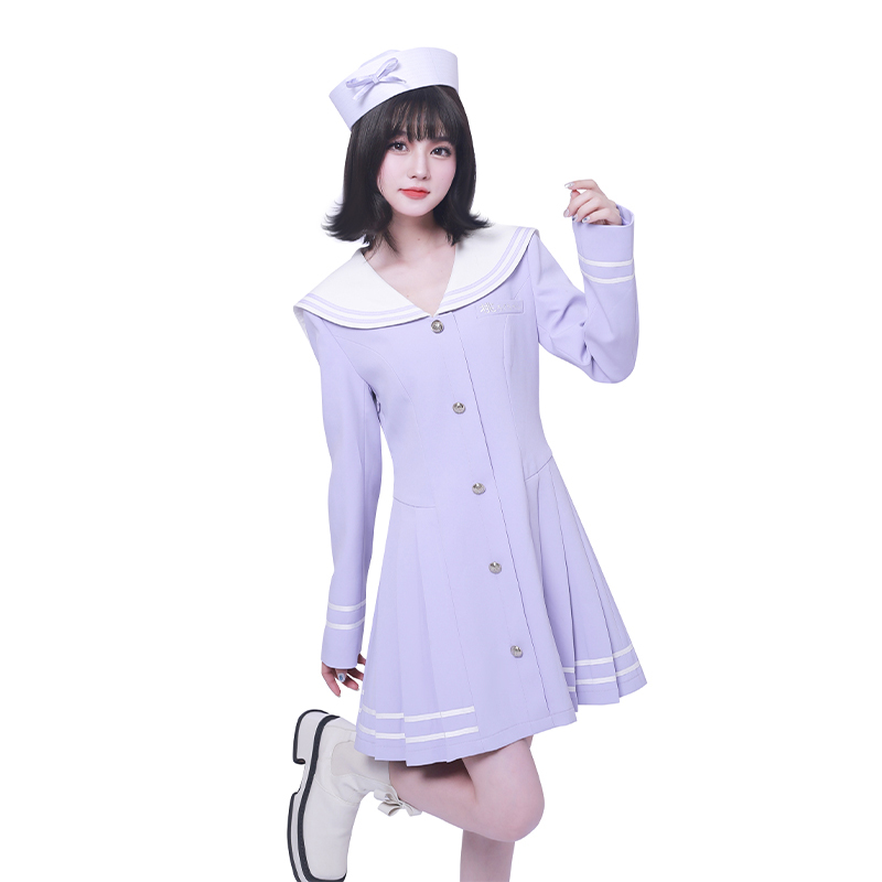 Tao Liujiang 23 Autumn New College Style Navy Collar Two-Tone Waist-Cinching Pleated A-Line Dress with Large Lapel Single-Breasted Dress for Women