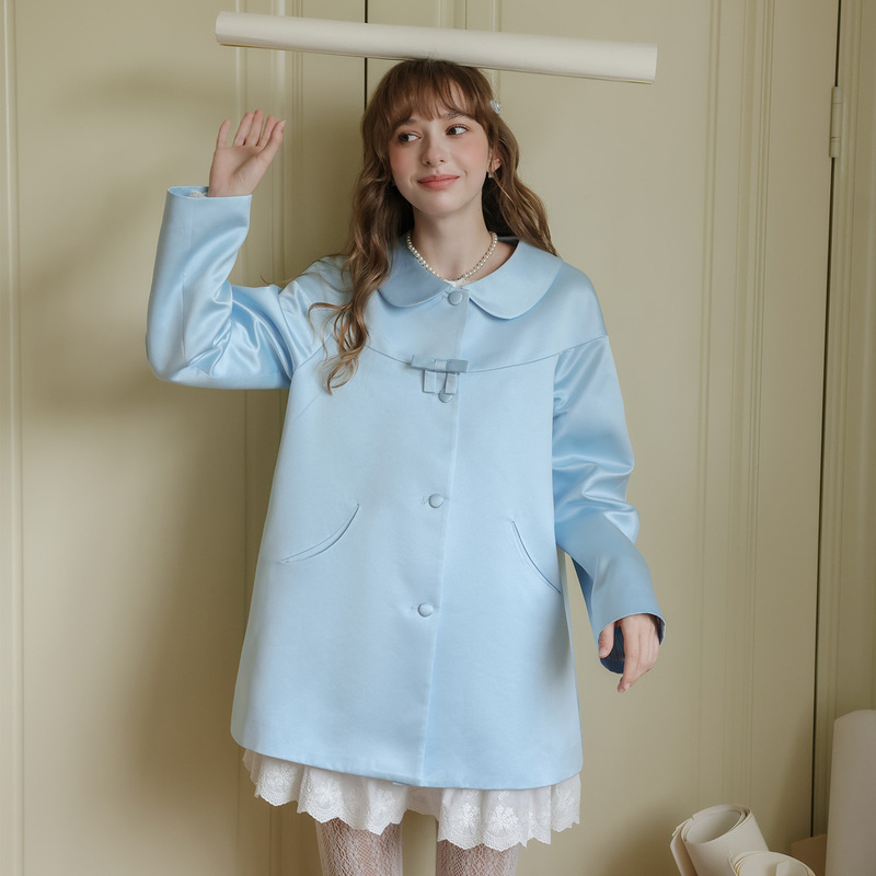 2026 Autumn Light Blue Satin Doll Collar Loose A-Line Jacket with Pocket Design Drop Shoulder Long Sleeve Women's Top