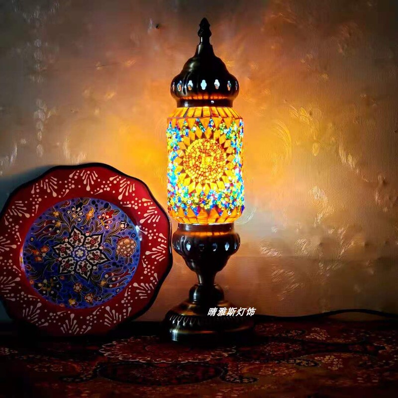 Internet-Famous Exotic Turkish Vintage Handmade Mosaic Glass Bohemian Coffee Xinjiang Style Table Lamp