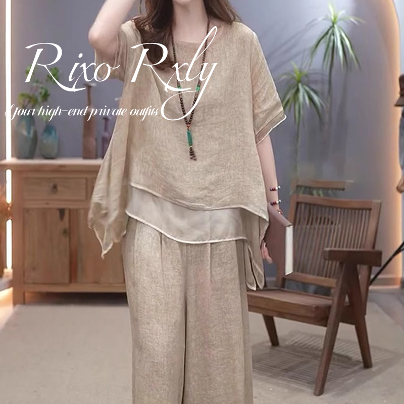 Rixo Rxly Light Luxury Cotton and Linen Suit for Women, Summer Loose Two-Piece Round Neck Top and Wide-Leg Pants, Elegant Two-Piece Set