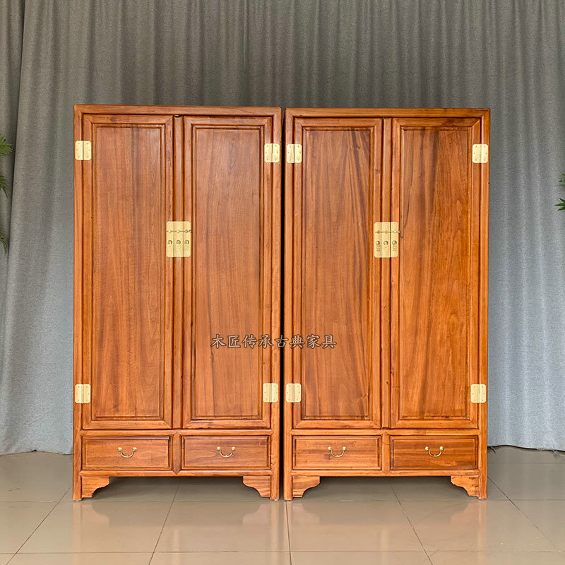 New Chinese full-real-real elecampane Zhangmu wardrobe Home Bedroom Double door Large closet Three doors Closet Moisture-proof Storage Cabinet