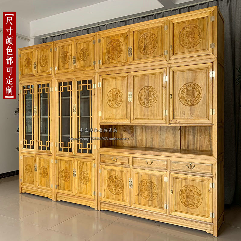 New Chinese bookcase Fragrant Camphor Wood Bookcase with glass door Whole Face Wall Combo Cabinet Display Shelf Bookcase Filing Cabinet Customize