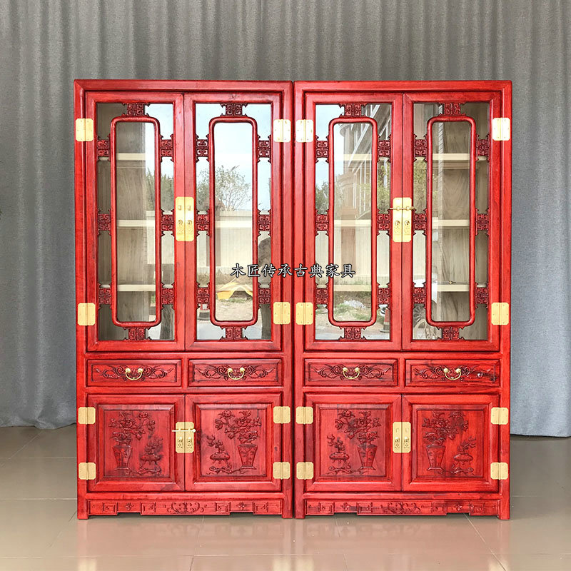 New Chinese-style bookcase camphor wood bookcase glass cabinet two-door carved study file cabinet solid wood storage cabinet customization