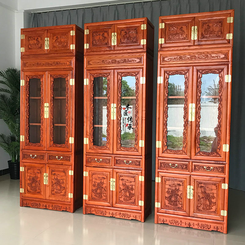 New Chinese Vintage Bookcase White Wax Wood Bookcase Log With Glass Bookcase Cabinet Top Case Cabinet Carved flower containing cabinet