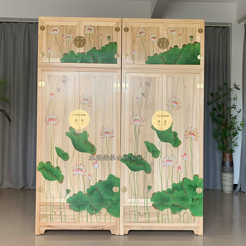 Chinese log cabinet Cafe Cabinet Handdrawn wardrobe Bedroom Four large capacity cabinet anti-moisture reception cabinet