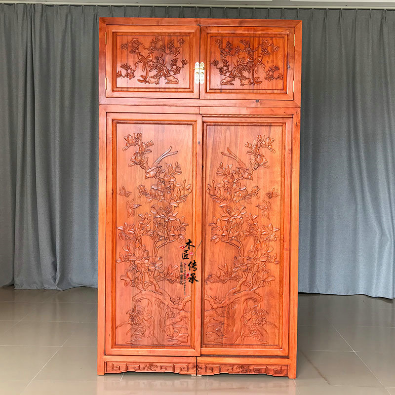 New Chinese Camphor Cabinet Bedroom Antique Carpet Cabinet Push and Draw Gate Closet Carving Flower Storage Cabinet